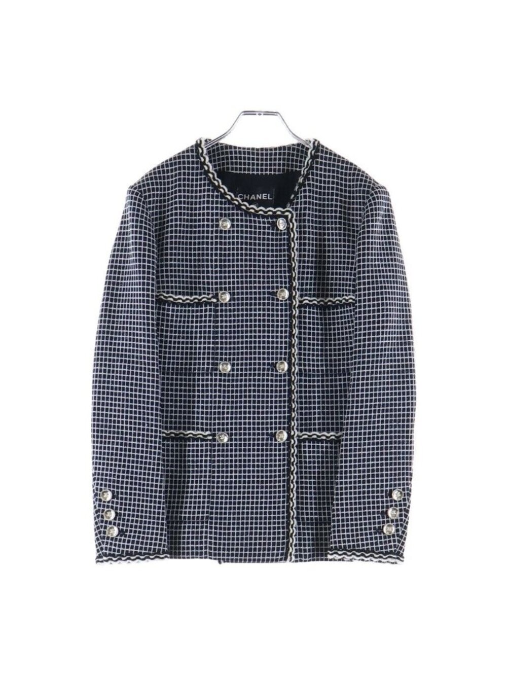 Chanel CC Logo Button Glitter Tweed Check All Over Print Collarless Double